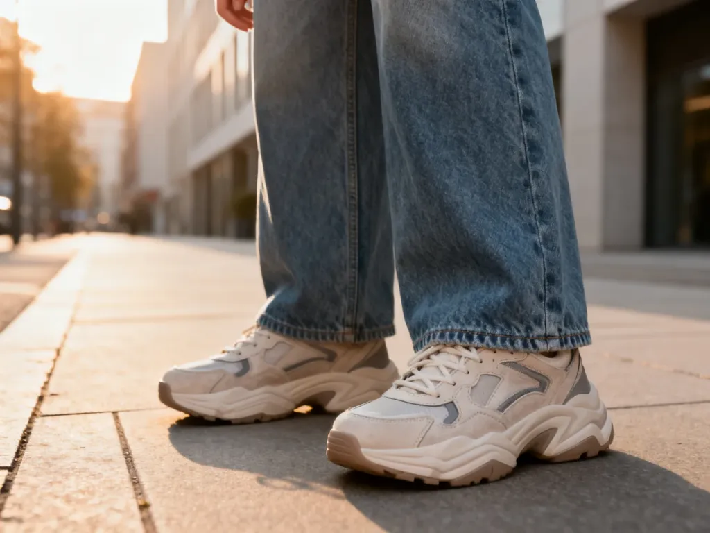 Stylowa kobieta w szerokich jeansach i modnych, masywnych sneakersach na tle miejskiej ulicy.