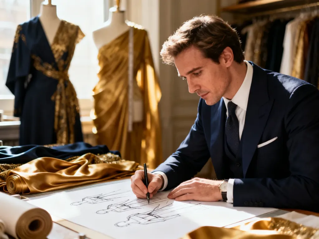 Gianni Versace w swoim mediolańskim atelier, szkicujący projekty nowej kolekcji wśród luksusowych tkanin.