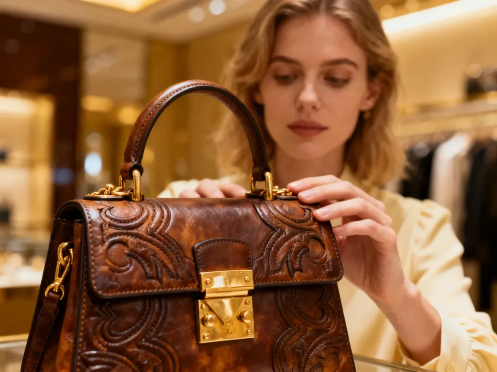 Elegancka kobieta trzymająca luksusową torebkę Louis Vuitton z widocznymi detalami skóry i złotymi okuciami.