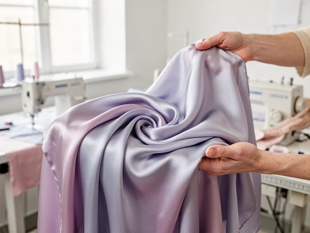 Dłonie trzymające miękką, lejącą się tkaninę wiskozową, ukazujące jej delikatną fakturę i wysoką jakość materiału.